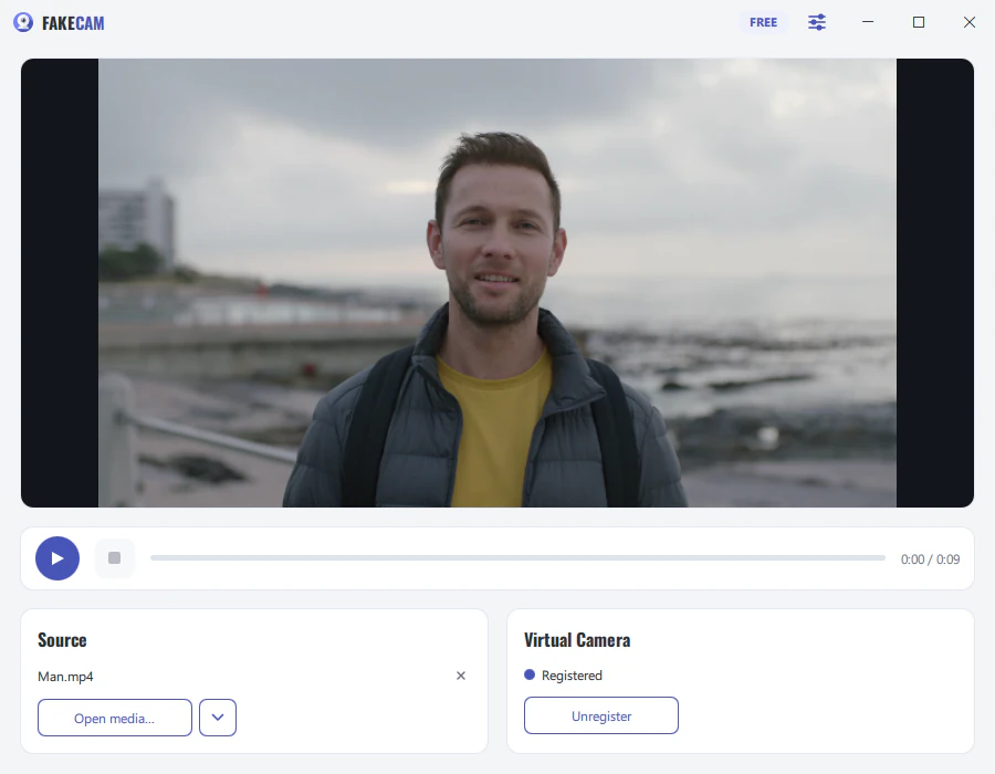 Interface de FakeCam : une image chargée et diffusée comme webcam virtuelle