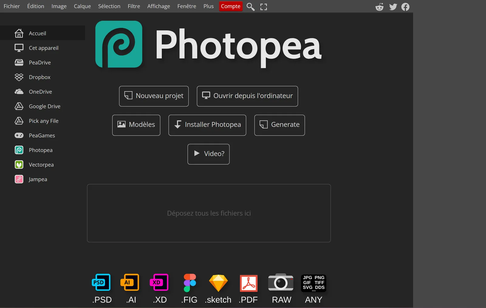 L'écran d'accueil de Photopea en français : à gauche la liste des espaces de stockage, au centre les boutons Nouveau projet et Ouvrir depuis l'ordinateur, en bas les icônes des formats PSD, AI, XD, FIG, Sketch, PDF et RAW