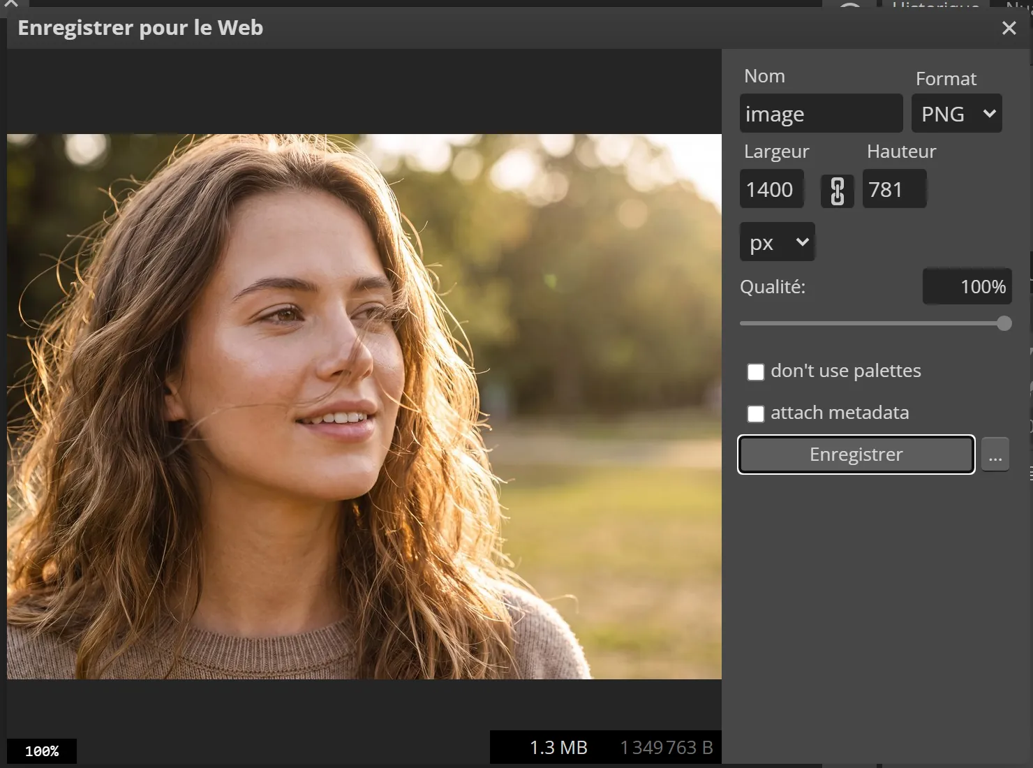 Le dialogue Enregistrer pour le Web de Photopea : aperçu de la photo, champs Nom, Format PNG, Largeur 1400, Hauteur 781, curseur de qualité à 100 %, et le poids du fichier affiché en bas