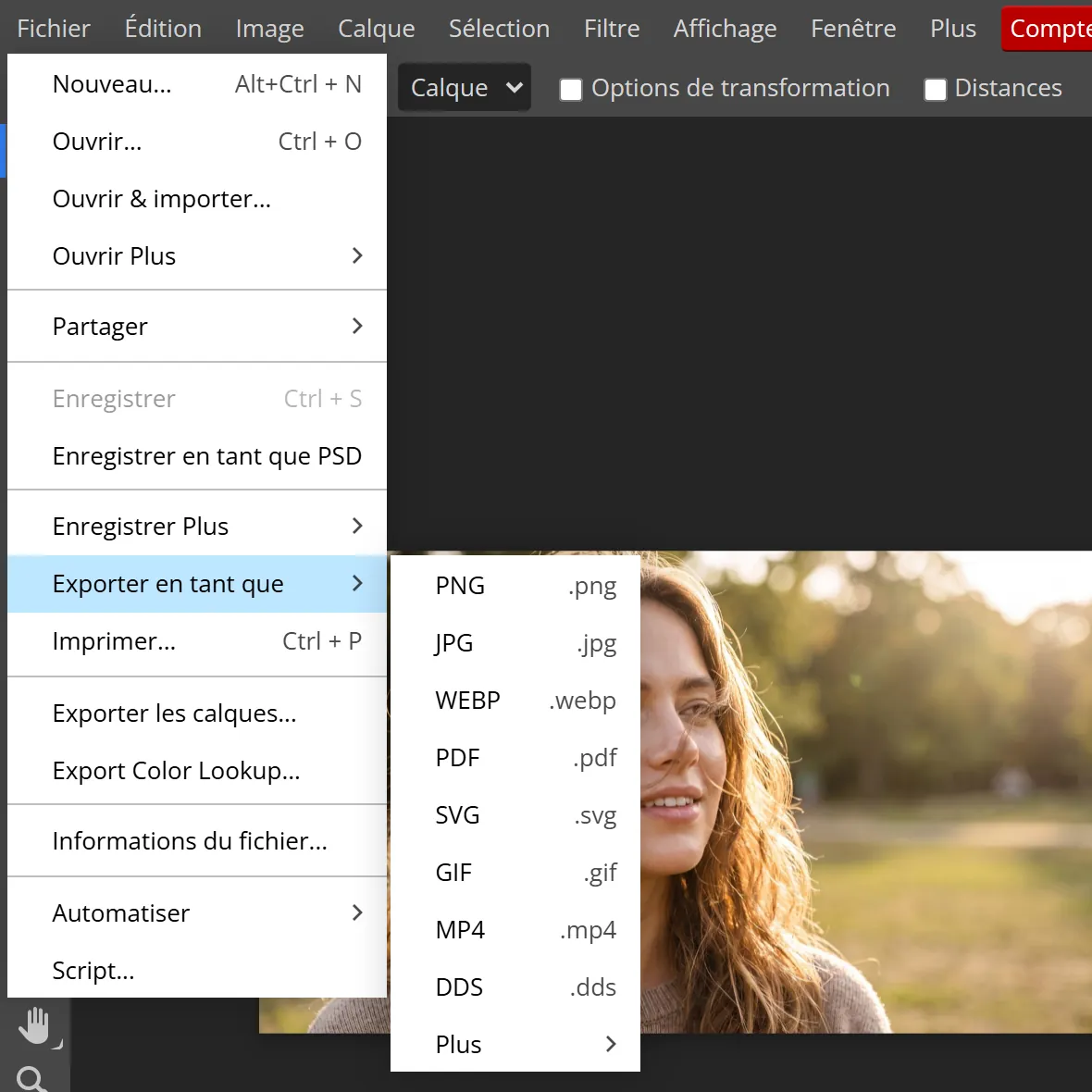 Le menu Fichier de Photopea en français, avec Enregistrer en tant que PSD et le sous-menu Exporter en tant que qui liste PNG, JPG, WEBP, PDF, SVG, GIF, MP4 et DDS