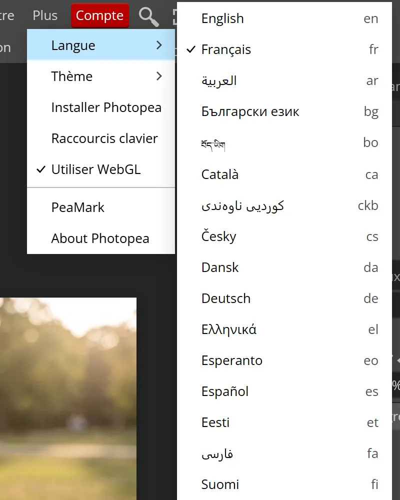 Le menu Plus de Photopea ouvert sur Langue, avec la liste des langues et Français coché