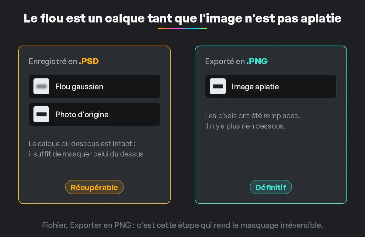 À gauche un fichier PSD dont le panneau de calques montre un flou gaussien posé au-dessus de la photo d'origine, marqué récupérable ; à droite un PNG exporté réduit à une seule image aplatie, marqué définitif