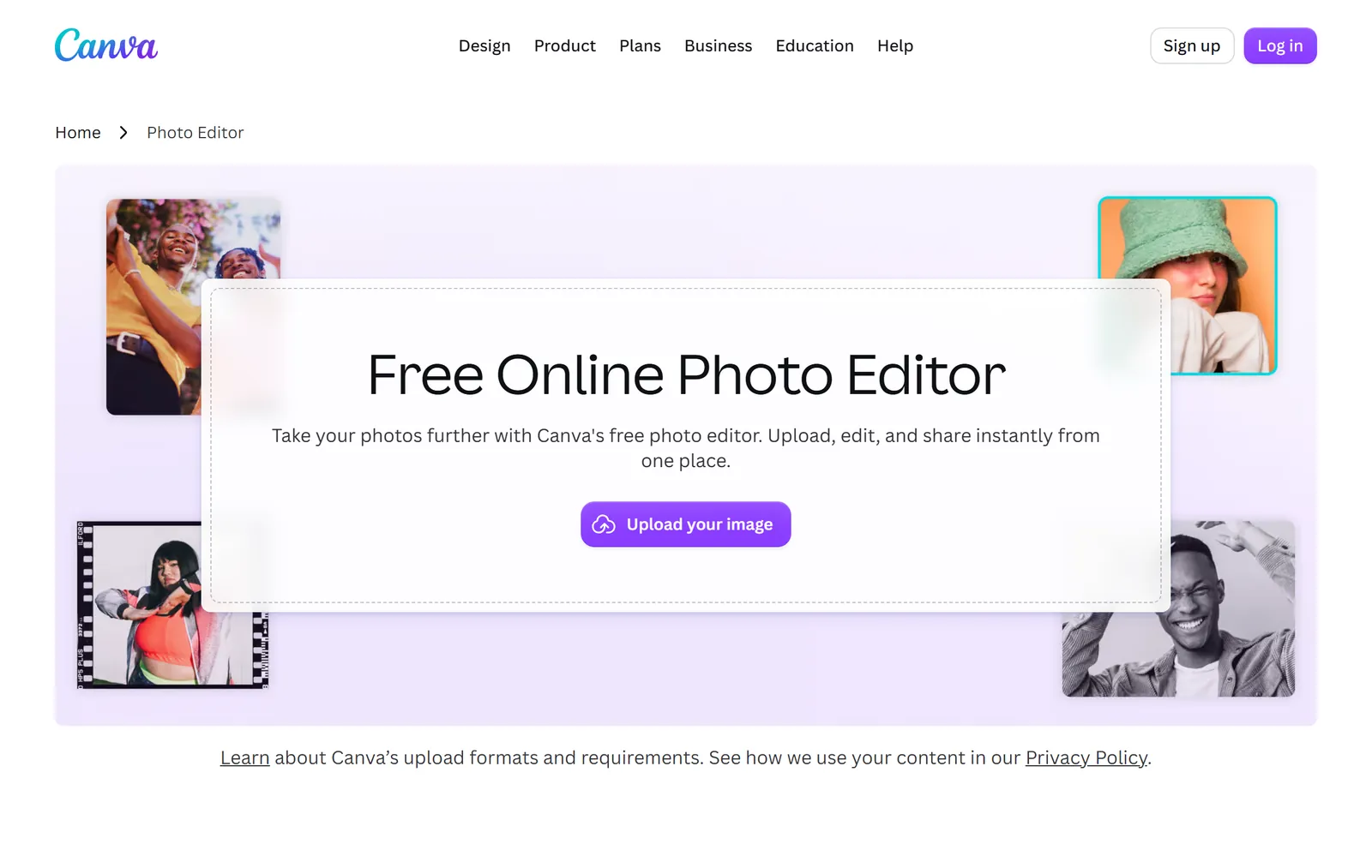 La page d'accueil de l'éditeur photo de Canva, avec son bouton Upload your image ; l'éditeur lui-même s'ouvre après connexion