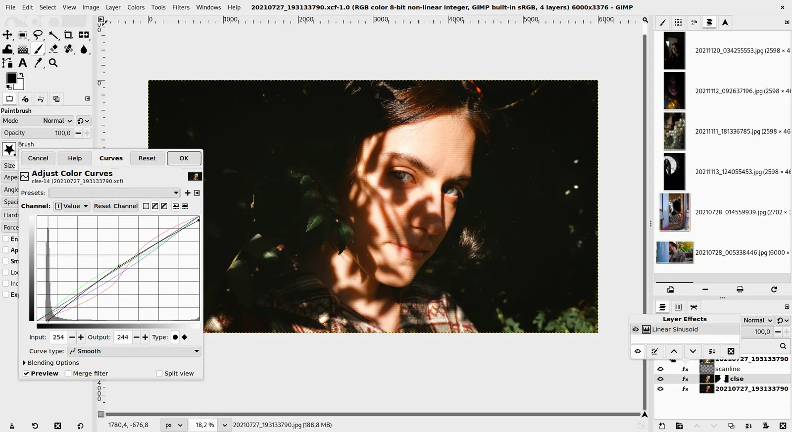 GIMP avec un portrait ouvert et le dialogue Courbes, la boîte à outils à gauche et le panneau des calques à droite