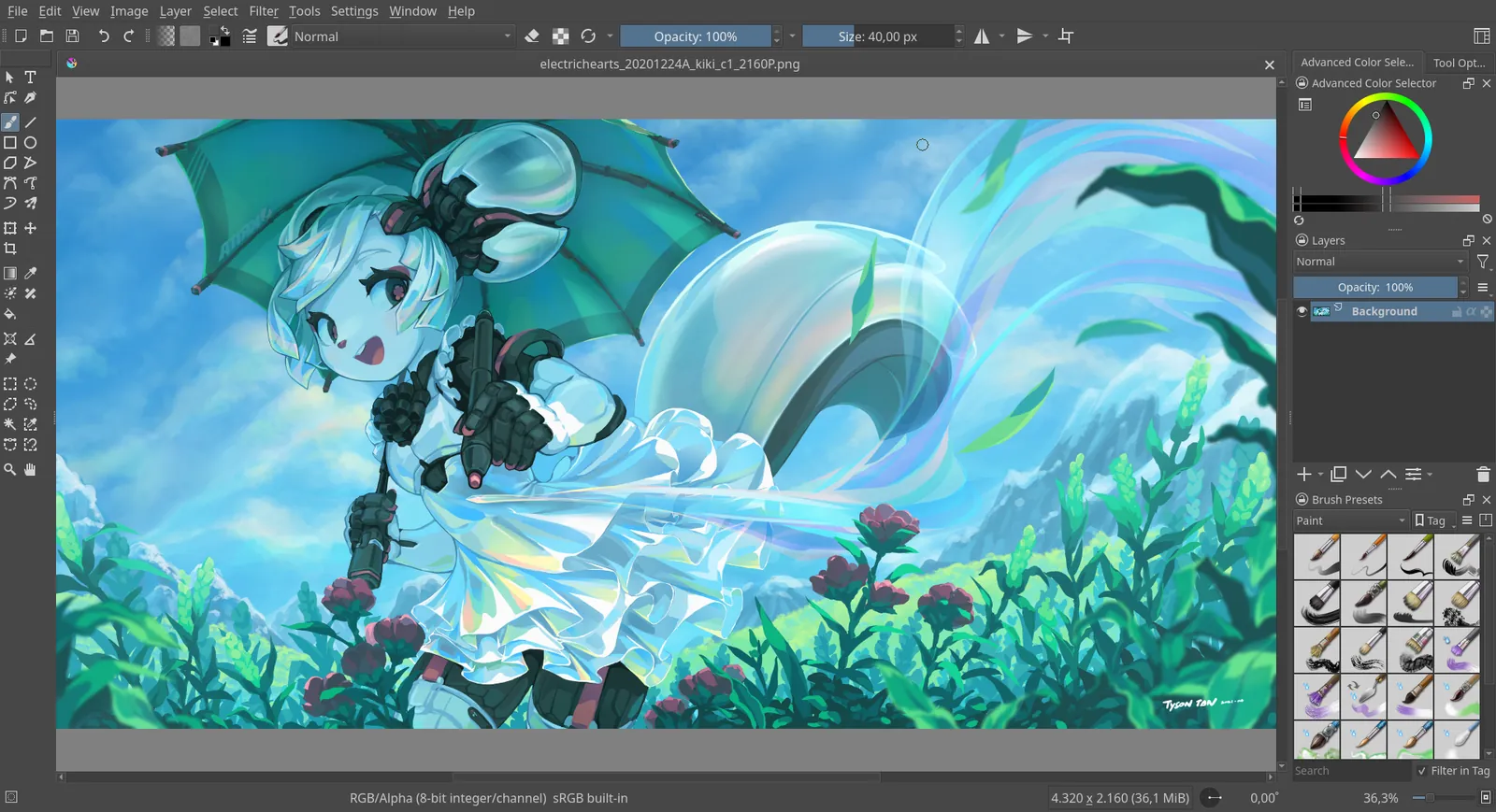 Krita avec une illustration ouverte, la boîte à outils à gauche, le sélecteur de couleur et les préréglages de brosses à droite