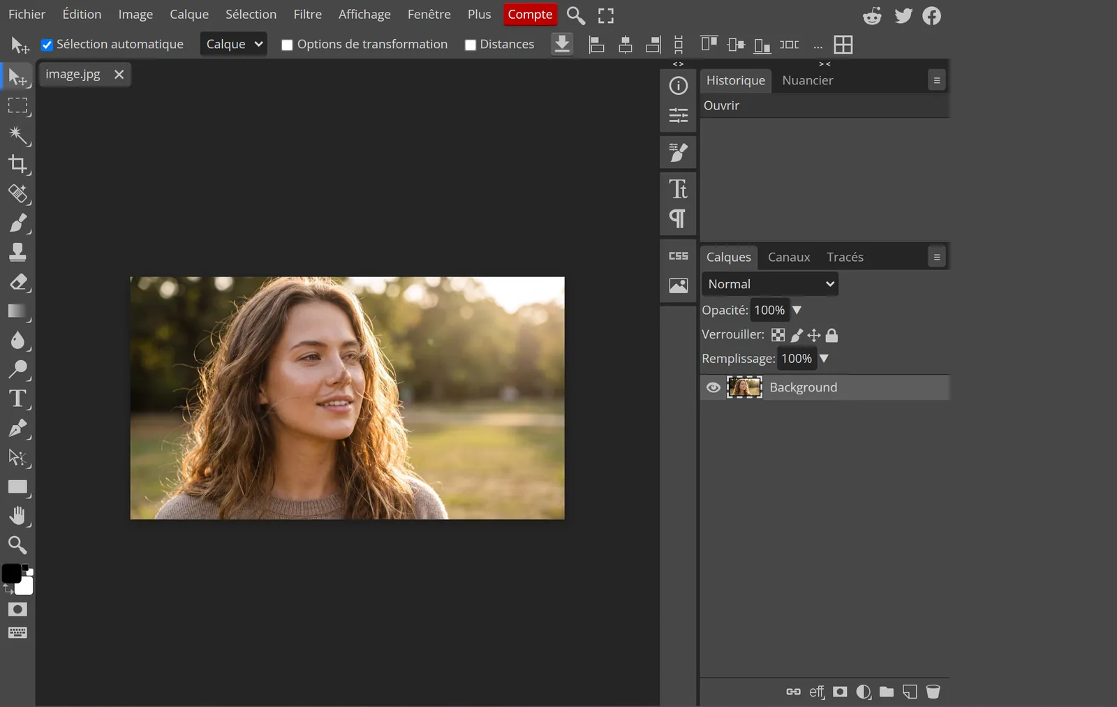 L'interface de Photopea en français, thème sombre : barre de menus, outils à gauche, une photo de portrait ouverte, panneaux Historique et Calques à droite