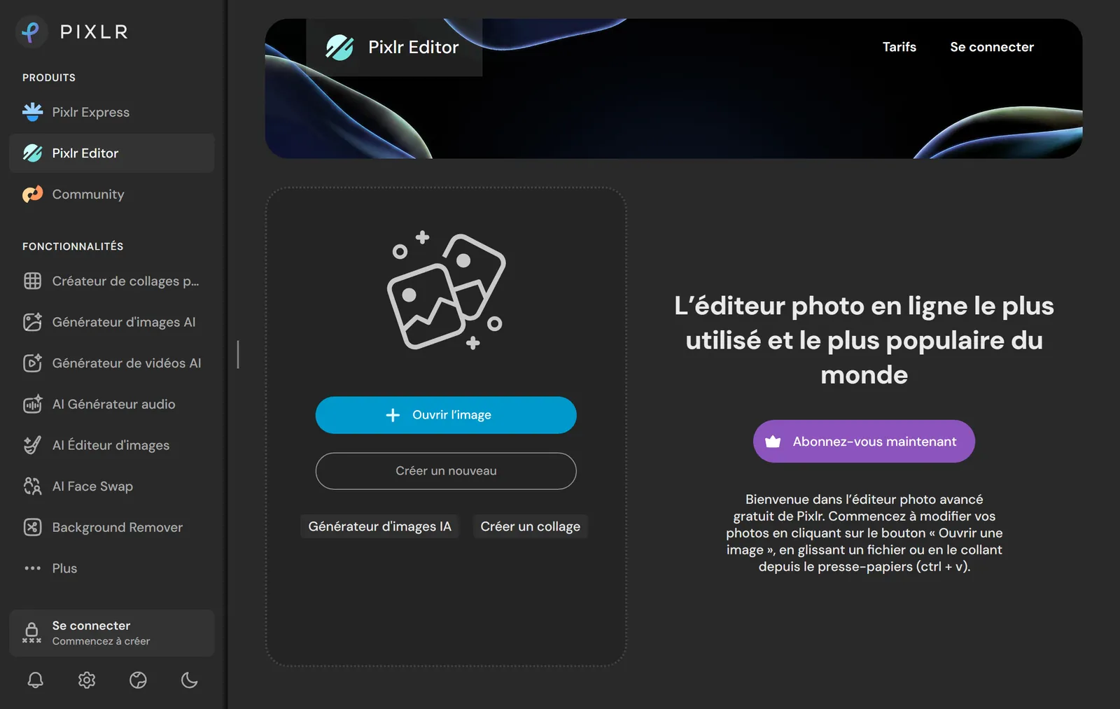 L'écran d'accueil de Pixlr Editor : les produits et fonctionnalités à gauche, le bouton Ouvrir l'image au centre, le bouton d'abonnement à droite
